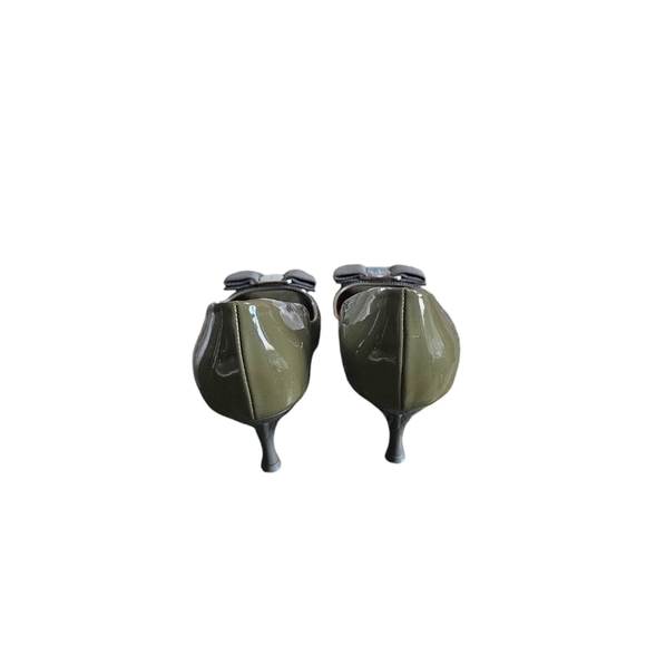 Authentic Salvator Ferragamo Polo Peep Toe bow heels olive  silver bucle 36,5 - Picture 5 of 7